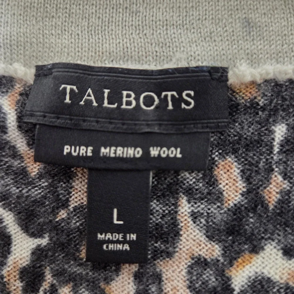 Talbots Womens Merino Wool Leopard Print Crew Neck Sweater Black Brown Large